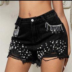 Like New Worn Once For Bachelorette Rhinestone Bejeweled Denim Shorts Size Small Trendy Mid-rise Bottoms With Rhinestones, High Waist Rhinestone Jeans For Party, Trendy High Waist Embellished Bottoms, Trendy High Waisted Embellished Bottoms, Chic Denim Shorts For Party, High-waist Rhinestone Jeans For Party, Glamorous Denim Bottoms For Night Out, Glamorous Summer Denim Bottoms, Glamorous Black Bottoms With Rhinestone Fringe