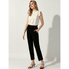 This Allegra K Women's Ruffle Shirt is perfect for spring and summer, suitable for various occasions such as office, work, business, casual, and dates. The sleeveless design with ruffled trim and keyhole button neck adds an elegant and feminine touch. This solid color top can be paired with jeans or straight-leg pants for work, or flared skirts for daily outfits. Made of 100% polyester, it offers a regular fit and is machine washable in cold water with like colors. Available in multiple sizes, t Sleeveless Blouse For Business Casual, Sleeveless Business Casual Blouse, Casual Sleeveless Blouse For Office, Casual Sleeveless Office Blouse, Sleeveless Summer Office Tops, Sleeveless Summer Top For Office Wear, Casual Sleeveless Workwear Blouse, Three Quarter Sleeve Shirt, Flared Skirts