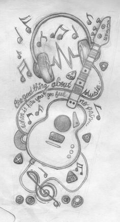 a pencil drawing of a guitar with musical notes and music symbols around it on paper