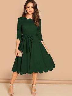 Scallop Trim Belted Fit & Flare Dress | EMERY ROSE Scallop Trim, Rockabilly Dress, Inspo Outfit, Dress Zipper, Pencil Dress, Womens Midi Dresses, Belted Dress, Fit And Flare Dress, Fit Flare Dress