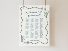 a wedding seating chart hanging on a wall