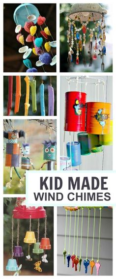 several different wind chimes are shown with the words kid made wind chimes on them