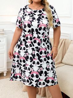 Plus Size Women's Panda Print Round Neck Short Sleeve Nightgown, Casual Daily Multicolor Cute  Short Sleeve Knitted Fabric Colorblock,Plaid,Plants,All Over Print  Medium Stretch Summer Women Plus Sleep and Lounge, size features are:Bust: ,Length: ,Sleeve Length: Multicolor Long Sleeve Sleep Dress, Casual Multicolor Nightgown For Pajama Party, Casual Multicolor Nightgown For Sleep, Casual Multicolor Nightgown For Bedtime, Casual Multicolor Nightgown For Loungewear, Black Spring Dress For Bedtime, Black Bedtime Dress For Spring, Casual Multicolor Nightgown For Spring, Casual Multicolor Summer Nightgown