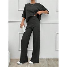 -Item Id 35868769 -Details: Rib-Knit -Neckline: Round Neck -Sleeve Type: Drop Shoulder -Style: Casual -Color: Dark Grey -Pattern Type: Plain -Tops Sleeve Length: Short Sleeve -Pants Length: Long -Tops Length: Short -Pants & Tops Material: Knitted Fabric -Top Type: Tee -Pants & Tops Composition: 70% Cotton, 25% Polyester, 5% Elastane -Bottom Type: Pants -Pants Body: Unlined -Fit Type: Regular Fit -Fabric: Medium Stretch -Care Instructions: Machine Wash, Do Not Dry Clean -Pockets: Yes -Sheer: No * Boutique Pants, Plain Tops, Grey Pattern, Fabric Medium, Green Pattern, Pants Length, Straight Pants, Short Sleeve Top, Short Pants