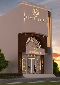 an artist's rendering of the front entrance to a jewelry store at sunset or dawn