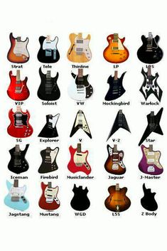 the different types of electric guitars are shown in this image, with their names on them