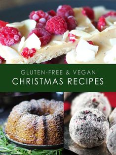 gluten - free and vegan christmas desserts with raspberries on top