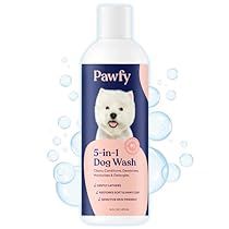 a bottle of pawy dog wash with bubbles on the side and water droplets around it