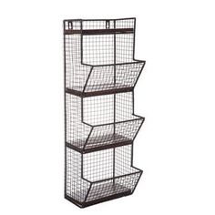 three tiered wire shelf with baskets on each side and two shelves in the middle