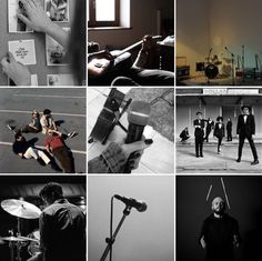 black and white photographs of musicians, bandleaders, and drummers in various stages of recording