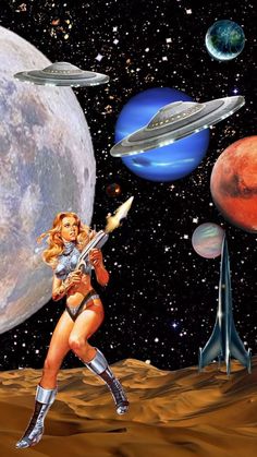 an image of a woman on the moon with planets in the background