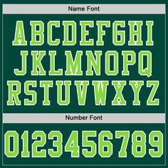 a green and white font set with numbers on the bottom, upper and lower letters