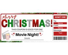 merry christmas movie night ticket with red and green stripes on the front, white background