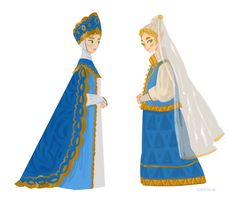 two women dressed in blue and gold are standing next to each other, one wearing a veil