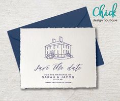 save the date card with an image of a house in blue ink on white paper