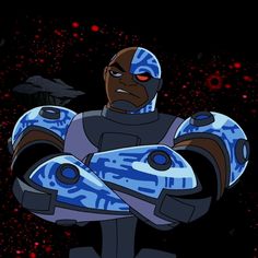 an animated character with blue and black paint on his face, standing in front of stars