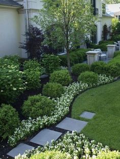 an outdoor garden with grass, shrubs and trees