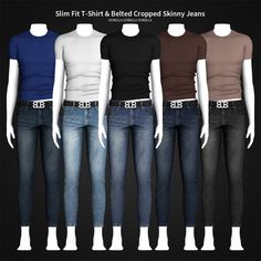 six different colored shirts and jeans on mannequin's torsos, all showing the same size