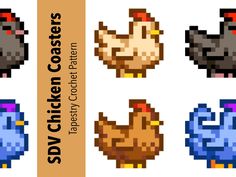 six pixelated chickens are shown in different colors