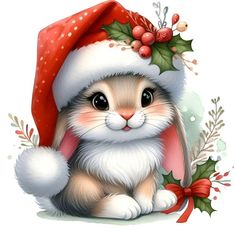 a cat wearing a santa claus hat with holly berries on it's head, sitting in front of a white background