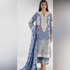 Pakistani Dress Brand Sana Safinaz Size Small To Medium Formal Blue Lawn Suit With Dabka Work, Blue Long Sleeve Lawn Suit For Wedding, Light Blue Georgette Dress For Eid, Blue Georgette Lawn Suit For Formal Occasions, Blue Unstitched Suit For Spring Festive, Blue Dress With Resham Embroidery For Eid, Elegant Blue Lawn Suit With Dabka Work, Formal Blue Lawn Suit With Resham Embroidery, Elegant Blue Formal Lawn Suit