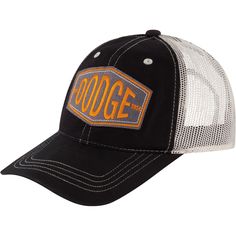 a black and white hat with an orange embroidered badge on the front that says dodge