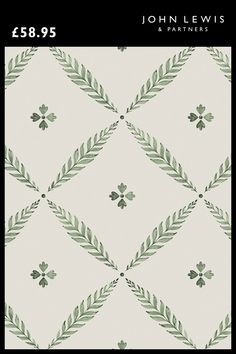 a green and white wallpaper with leaves on the bottom, in an argyle pattern