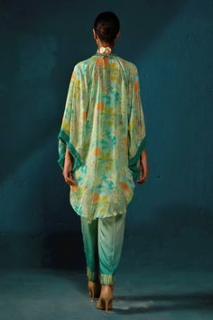 Buy Blue Chinon Chiffon Printed Shaded Asymmetric Kaftan Kurta And Pant Set For Women by Basil Leaf Online at Aza Fashions. Blue Kaftan, Kaftan Kurta, Basil Leaf, Indian Suits, Embroidered Neckline, Designs For Dresses, Fashion App, Pant Set, Set For Women