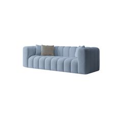 a blue couch with two pillows on the back and one pillow sitting on top of it