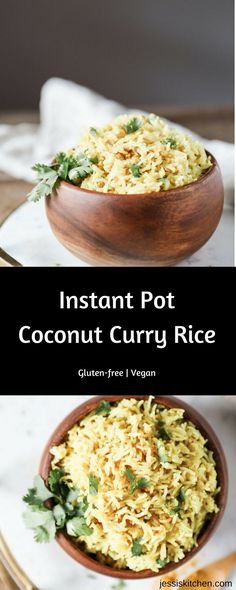 instant pot coconut curry rice in a wooden bowl