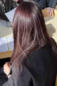 Long Brown Hair With Red Underneath, Dark Cherry Red Hair Box Dye, Wine Colored Hair Burgundy Dark, Dark Red Hair On Asian, Black To Dark Red Hair, Red Tint Black Hair, Wine Red Hair With Dark Roots, Coke Cola Hair Color, Dark Cherry Coke Red Hair