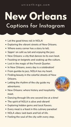 Need the perfect New Orleans Captions for Instagram? Whether you're savoring delicious Creole cuisine, enjoying live jazz music, or exploring the vibrant French Quarter, these captions will capture the soul and excitement of your New Orleans adventure. 

What’s your favorite New Orleans experience? Share it in the comments! Live Jazz, Street Corner, Photo Caption