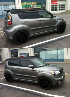 two pictures of a silver car parked in front of a building with black rims