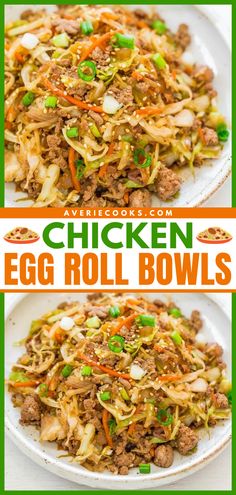 egg roll bowls with meat and vegetables in them on a white plate next to the same bowl