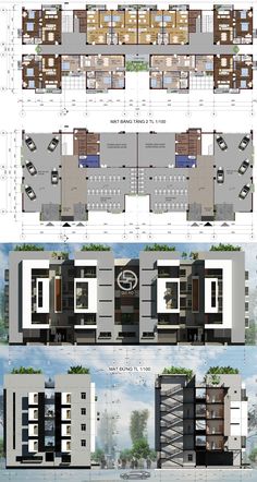 the floor plan for an apartment building with three levels and four rooms, all in different colors