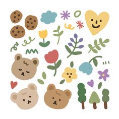 an assortment of cute cartoon bears and flowers