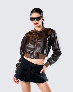 Take em’ for a joy ride in this brown washed leather jacket 😜 With a sleek yet edgy look, this chic bomber is constructed from vegan leather and is complete a ribbed neckband, sleeve cuffs, and hem and welt pockets on the front body for the perfect everyday jacket 🤎 Washed Leather Jacket, Everyday Jacket, Joy Ride, Cargo Pant, Edgy Look, Welt Pocket, Shoe Collection, Sleek, Vegan Leather