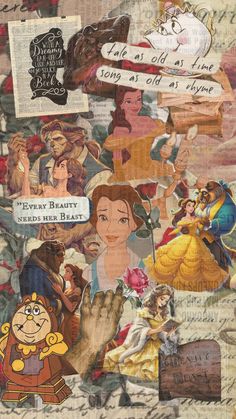 collage of disney characters with words and pictures on them, including beauty and the beast