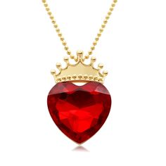 a red heart shaped necklace with a crown on it's head and gold chain