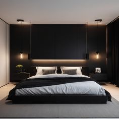 a bedroom with black walls and white bedding is lit by two lamps on either side of the bed