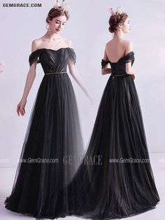 Formal Off-shoulder Evening Dress With Sweep Train, Off-shoulder Evening Dress With Sweep Train For Formal Events, Off-shoulder Evening Dress With Sweep Train For Gala, Black Off Shoulder Dress For Evening With Fitted Bodice, Black Off-shoulder Dress With Fitted Bodice For Evening, Black Off Shoulder Dress With Fitted Bodice For Party, Black Off-shoulder Wedding Dress, Black Off-shoulder Dress With Sweep Train, Black Off-shoulder Prom Dress