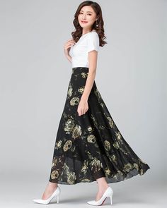 * A maxi chiffon skirt with beautiful prints.  * Fixed waist on front and elastic waist on back.  * A-line shape and wide hem, can make you look more taller and slimmer. * Made of pearl chiffon and fully lined. * Can custom make waist size and skirt length.  * Material: 100% polyester * Size:  True to US size, US 0-US 20 are available, you can let us know your usual size and height in your order. * Shipping: Free shipping Processing time : 5-7 Business days Delivery time : 7-20 Business days Tra Chiffon Maxi Skirt Pattern, Maxi Length Flowy Skirt With Floral Print, Casual Chiffon Maxi Skirt With Floral Print, Floral Print Flowy Flared Skirt, Chiffon Maxi Length Flowy Skirt, Elegant Floral Print Maxi Skirt For Summer, Flowy Floral Print Flared Skirt, Chiffon Lined Maxi Skirt, Flowy Chiffon Maxi Skirt