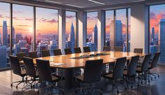 an empty conference room with large windows overlooking the city at sunset or dawn, in front of a panoramic window view