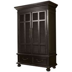 a black armoire with shutters and drawers