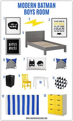 Modern batman themed boys room decor ideas. Love the bright cobalt blue and pops of yellow. A bright and cheery room for boys! Batman Room Ideas, Batman Boys Room, Batman Bedroom, Batman Wall Art, Nursery Ideas Boy, Batman Room, Batman Wall, Boy Nursery Themes, Superhero Bedroom