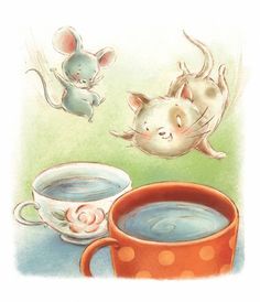 a drawing of two mice flying over coffee cups