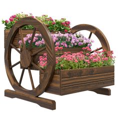 a wooden wagon filled with flowers on top of a white background in the shape of a wheel