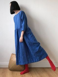 French blue linen dress, Spring Summer Autumn Winter hemp dress, Ready to ship, Oversized drop shoulder basic smock dress Linen Dress Ideas, White Linen Dress Summer, Hemp Dress, Blue Linen Dress, Long Blue Dress, Linen Fashion, Japanese Dress, Summer Linen Dresses, Spring Summer Autumn Winter