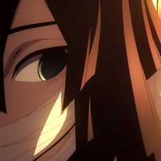 an anime character with long hair and green eyes looking at the camera, while staring into the distance