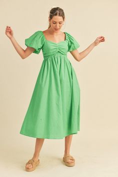 Apple Green Puff Sleeve Midi Dress – Aquarius Brand Spring Ruched Cotton Puff Sleeve Dress, Spring Ruched Puff Sleeve Cotton Dress, Spring Cotton Puff Sleeve Ruched Dress, Spring Cotton Puff Sleeve Dress With Ruched Details, Green Ruched Puff Sleeve Dress For Brunch, Spring Dresses With Gathered Waist And Puff Sleeves, Casual Green Ruched Puff Sleeve Dress, Casual Puff Sleeve Dress With Sweetheart Neckline For Brunch, Spring Puff Sleeve Dress With Ruched Bodice